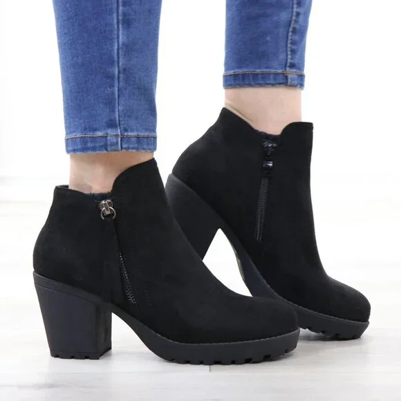 Black Chunky Heel Ankle Boots Suede Lug High Heel Booties - Picture 3 of 15
